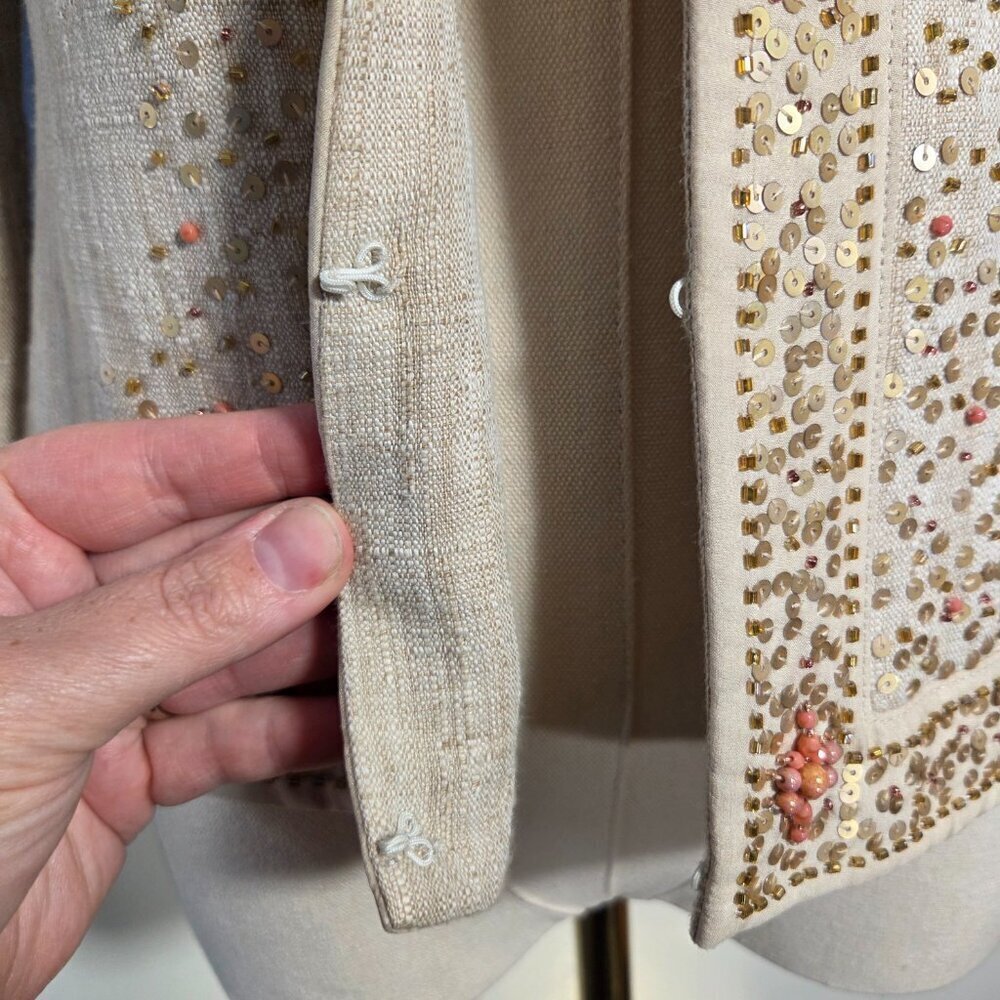 Ann Taylor Size 0 Cotton / Linen Blend Sequin Beaded Lightweight Dressy Jacket - Picture 5 of 12